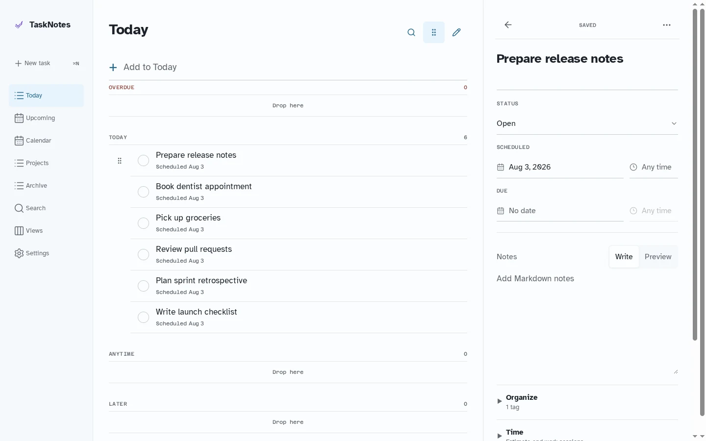 TaskNotes Today workspace with the task detail inspector open beside the task list