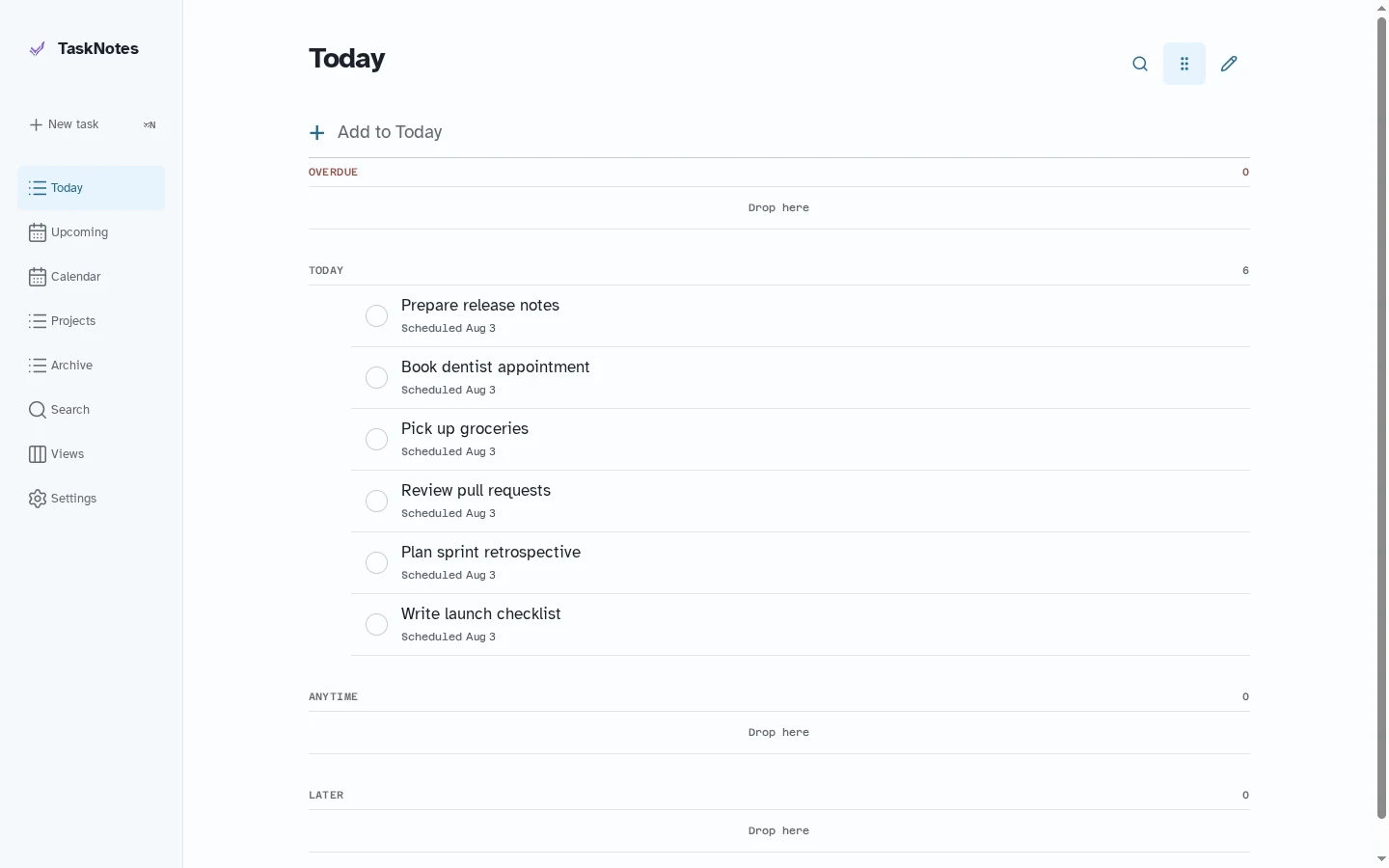 TaskNotes Today workspace with desktop navigation, quick capture, and grouped task rows