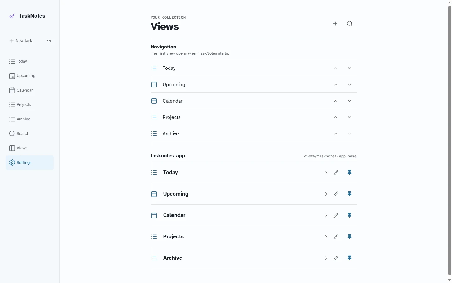TaskNotes Views manager showing navigation order and saved collection views