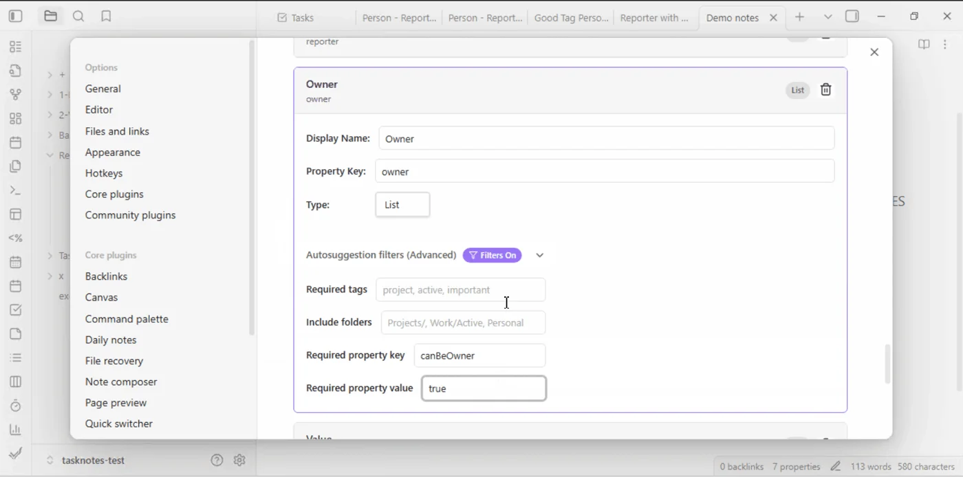 Custom field autosuggestion filters for tags, folders, and property values