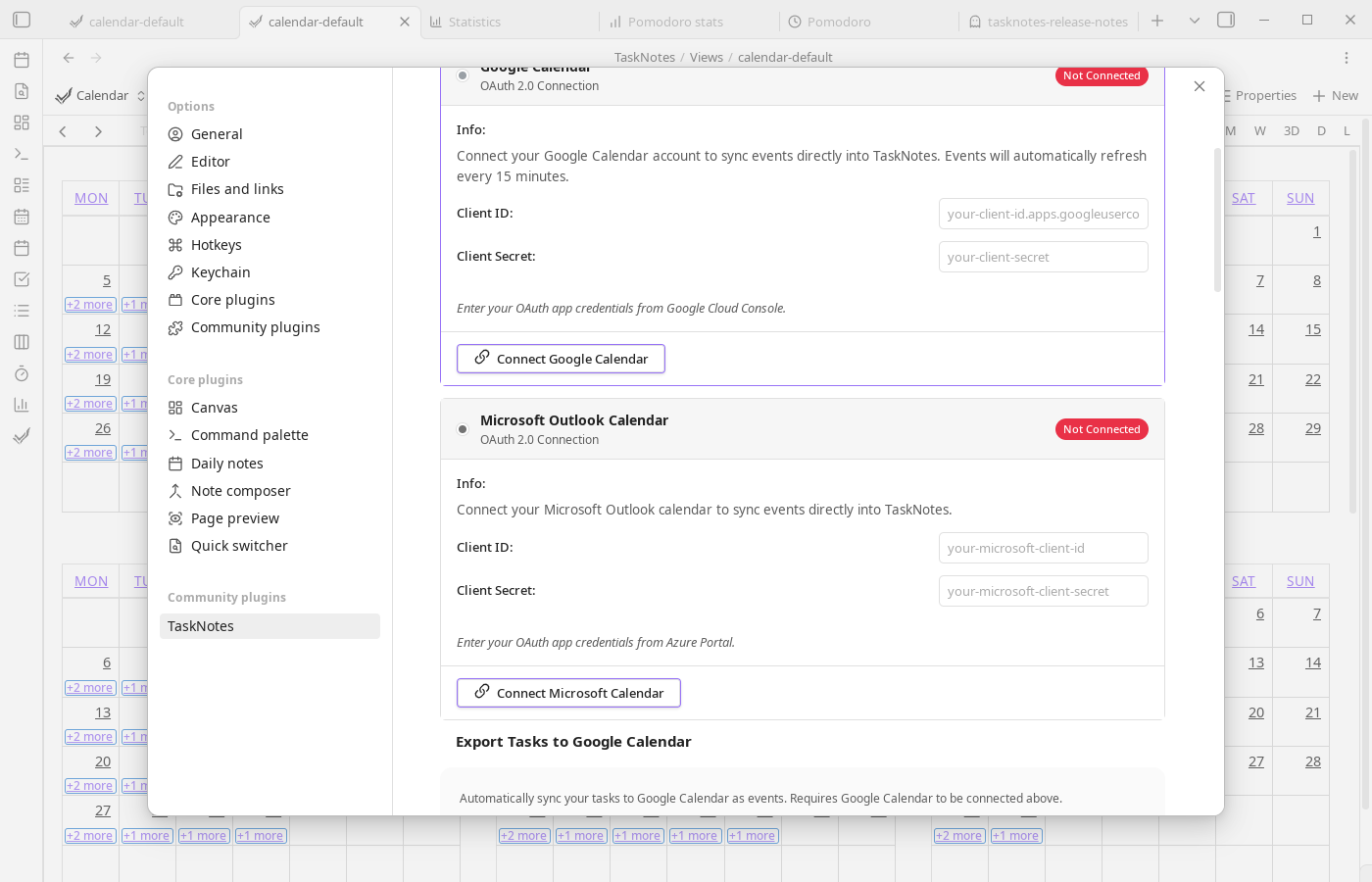 Integrations calendar settings