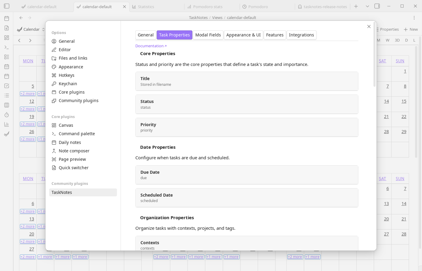 Task properties settings