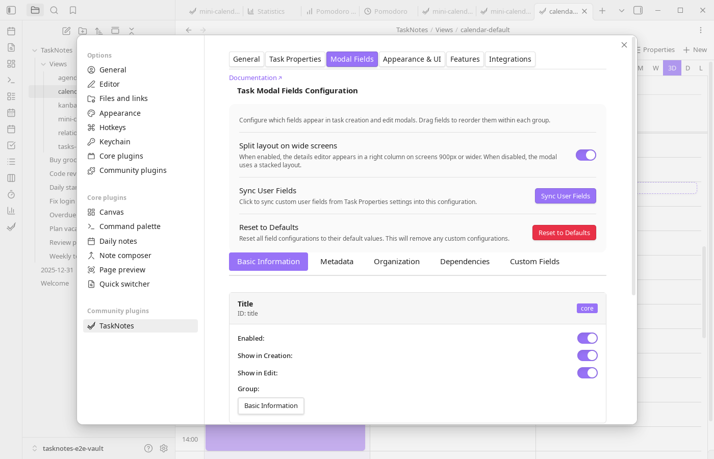 Modal Fields Settings