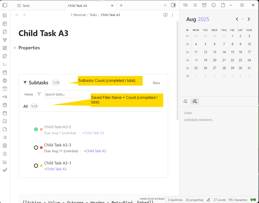 Subtask widget saved view and counts